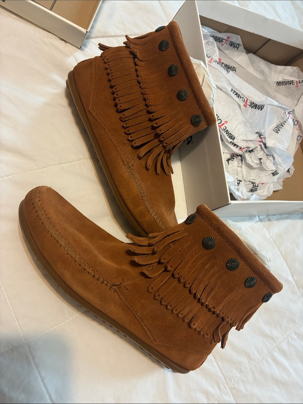 Minnetonka Fringed Suede Ankle Boots in Cognac Brown NIB